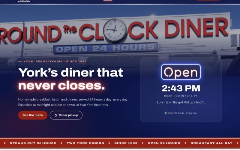 Round the Clock Diner homepage on a laptop
